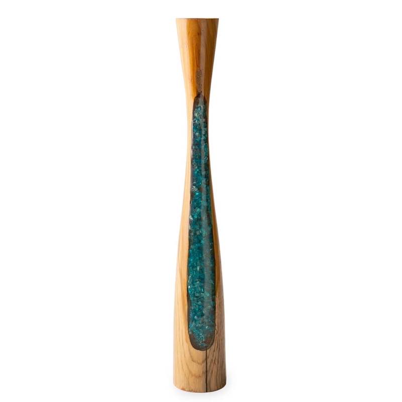 Glass Infused Teak Candle Holder, Tall - Teal